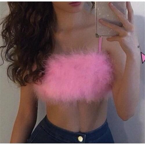 Fashion Sexy Spaghetti Straps Pink Feather Crop Top 2020 Women Camisole Sleeveless Tops Party Club Streetwear Camis