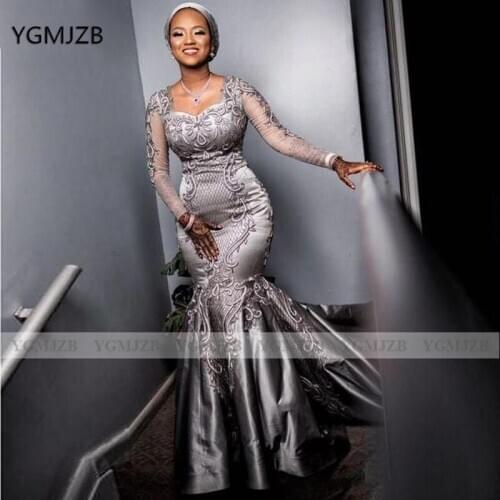 Elegant Grey African Long Mermaid Evening Dress Lace Long Sleeves Prom Dresses Formal Party Pageant Gowns robe de soiree