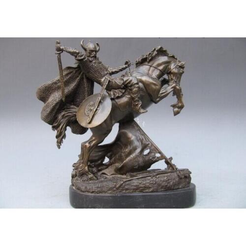 11 INCH Greece Athens Art Bronze & Marble warrior Ride on War horse Statue Horse Crafts Arts Sculpture Pure Bronze & Marble