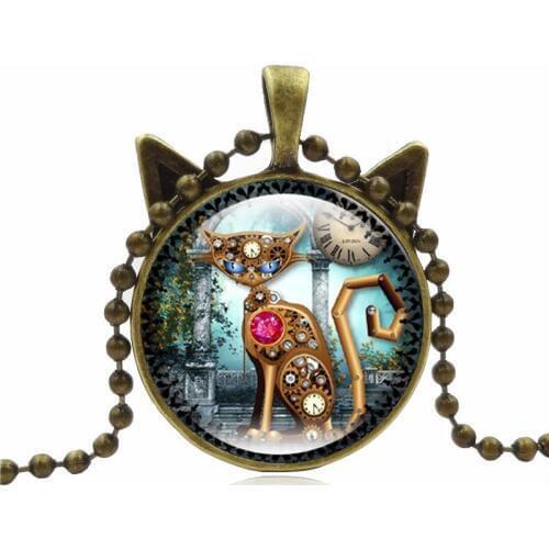 2017 Vintage Machine Cat Clock Time Gem Stone Necklace Animal Pendant Kitty Charm Sweater Chain Gift For Best Friend Pet Lovers