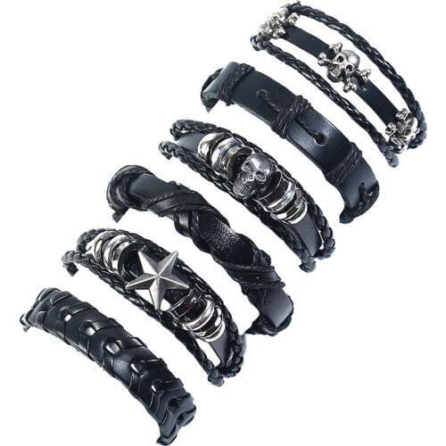6pcs/set new arrival punk vintage woven cowhide bracelet cross border source combination set skull leather bracelet