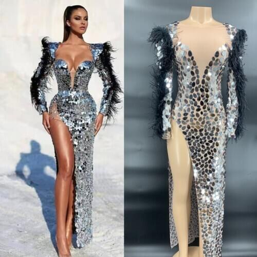 Shining Mirrors Sequins Black Feather Sleeves Dress Evening Party Prom Transparent Long Dress Singer Birthday Celebrate Outfits