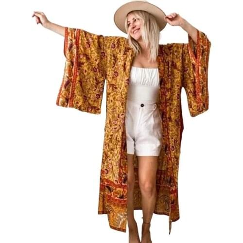 Bohemian Oversized Loose Fit Floral Print Cotton Boho Chic Kimonos Blusas Female Cover Ups Lady Long Robes