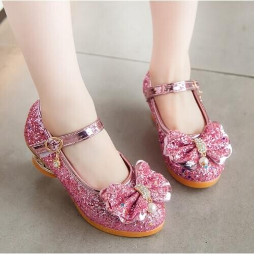 Princess Kids Leather Shoes for Girls Casual Glitter Children High Heel Girls Dance Shoes Butterfly Knot Blue Pink Silver Rose