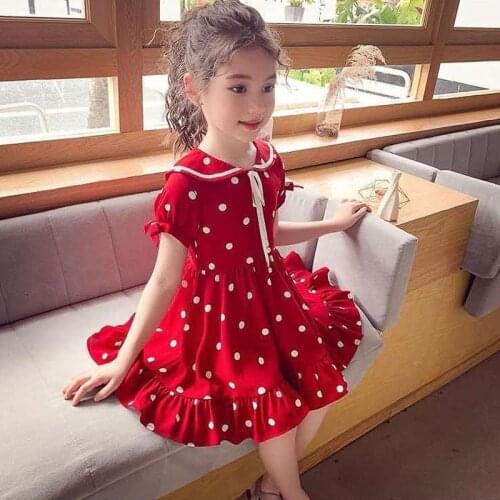 Kids 3-14 years 2021 new dot sailor collar red short sleeve princess dresses little girls spring summer juniors children clothes