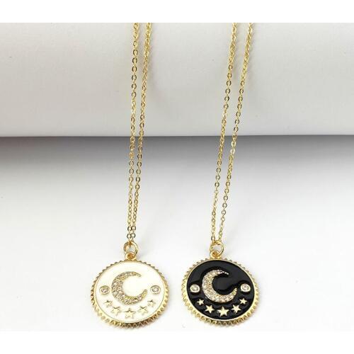 1Pcs High Quality Filled Enamel CZ Micro Pave Moon Jewelry Round Pendant Fashion Women Girls Necklaces NK471