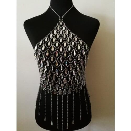 Fashion Style WRB1021 Women Silver Chains AB Color Acrylic Beads Necklace Bra Costume Body Wear Chain Crop Tops Party Jewelry