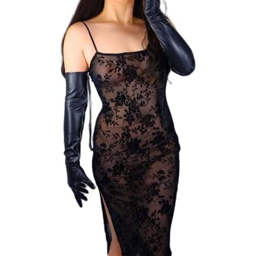 Touchscreen Real Leather Zipper Long Gloves Female 60cm Side Silver Zipper Classic Black Pure Sheepskin Women Gloves ZP46