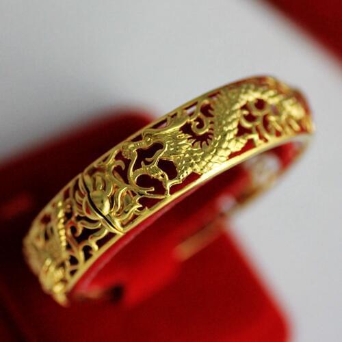 Wide Hollow Bangle Yellow Gold Filled Bridal Bangle Womens Bracelet Dragon Phoenix Partterned