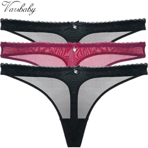 Varsbaby thong transparent underwear solid see-through briefs low-rise G-string S-2XL panties 3pcs/lots