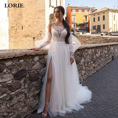 LORIE Ivory Boho Wedding Dress Puff Sleeve A Line Beaded Lace Bride Dresses High Side Split Wedding Gowns