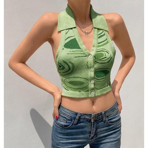Urifens Irregular Print Deep V Sleeveless Top 2021 Summer Vintage Green Sweater Vest Women Slim Backless Sexy Knit Top BN93U