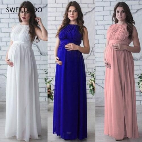 2021 European and American Womens Clothing Pure Color Sleeveless Round Neck Belt Waist Photo Long Chiffon Dress for Pregnant