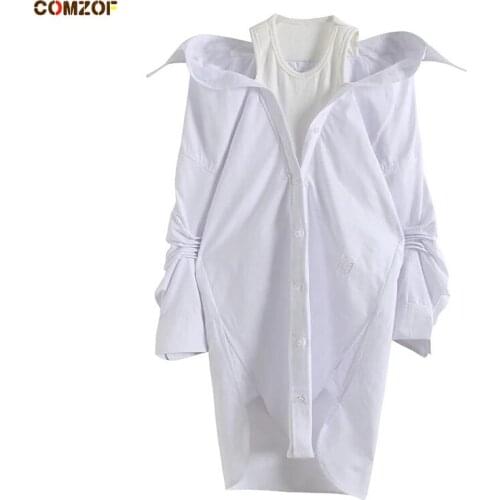 Korean Pleated Shirt Women 2021 Summer Fake Two Piece Embroidery Patchwork Vest Dress Long Sleeve INS Fashion Tops Blouses Femme