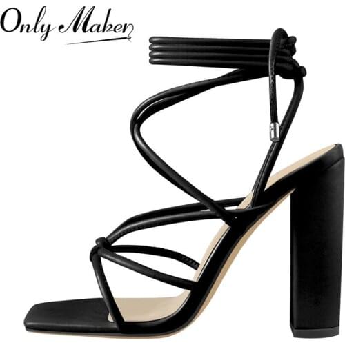 Onlymaker Womens Summer Lace-Up Sandals Matte Black White Square Toe Ankle Cross Strap Knotted Chunky High Heel Shoes Big Size