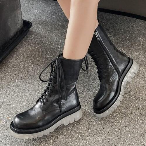 New Handmade Genuine Leather Chunky Jelly Sole Lace Up Women Short Boots Chunky Platform Cross Tied Round Toe Ladies Ankle Boots