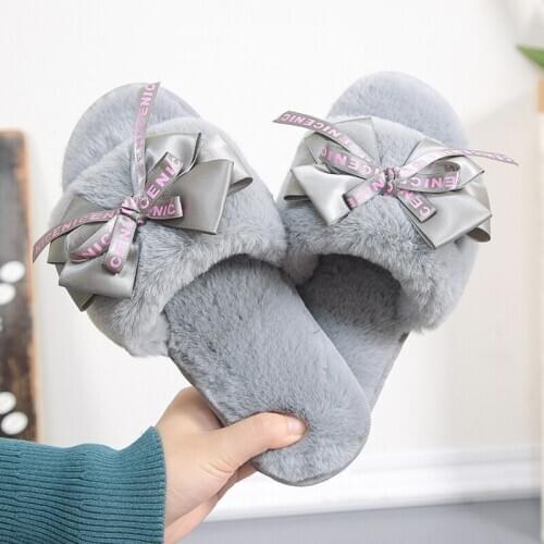 Women Plush Home Slippers Cute Butterfly-knot Faux Fur Warm Flat Girls Shoes Slip on Autumn Winter Indoor Furry Ladies Slides