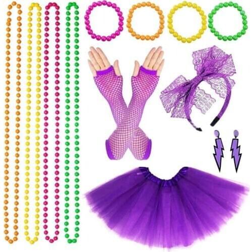 Women 80s Fancy Dress Accessories Retro Party Costume Set Adult Tutu Skirt Neon Fishnet Gloves Beaded Necklace Bracelet Earrings