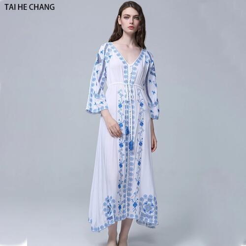 Women dress summer high-end vestidos elegant vintage bohemian runway sexy embroidery hollow out v-neck loose long maxi dress