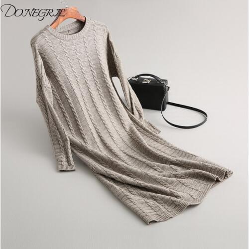 Fashion Women Brief Classic Braid Cable Pattern Long Sleeve O neck Sweater Dress Ladies Autumn Winter Long Knitting Dresses