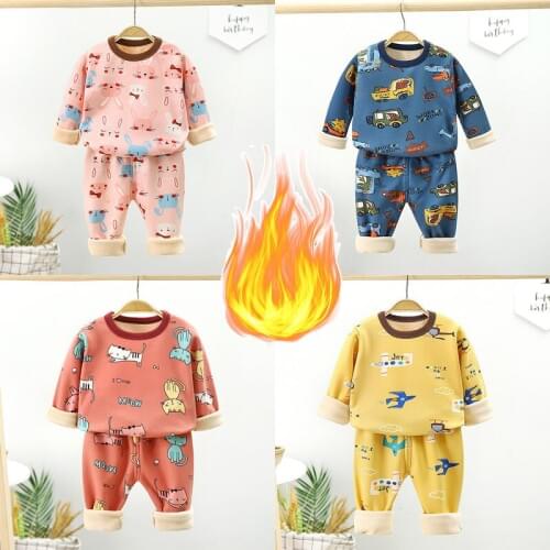 2-8Kids Pajamas Sets Baby Boys Girls Velvet Warm Long Sleeved Tshirt+Pant Cartoon Clothing Autumn Sleepwear Suit Pyjama Trousers