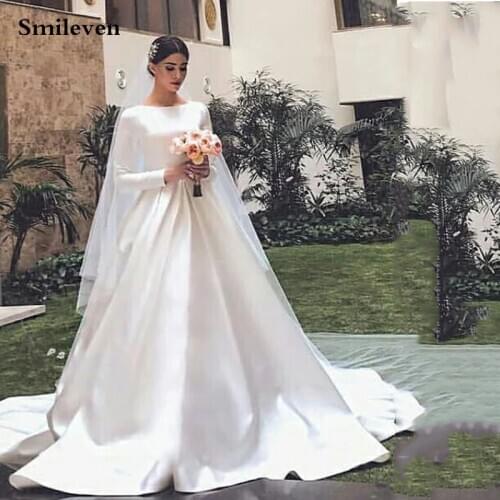 2019 Bohemian Wedding Dresses Satin A Line Muslim Bridal Gowns Long Sleeves Vestido De Noiva Princess Wedding Gowns
