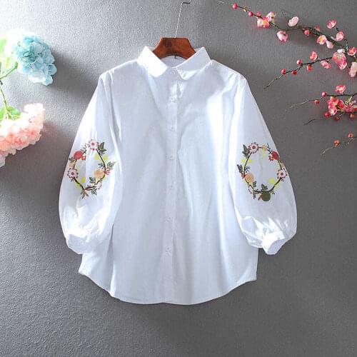2021 Korean retro loose casual style small fresh lapel embroidery flower art fan wild shirt blouse