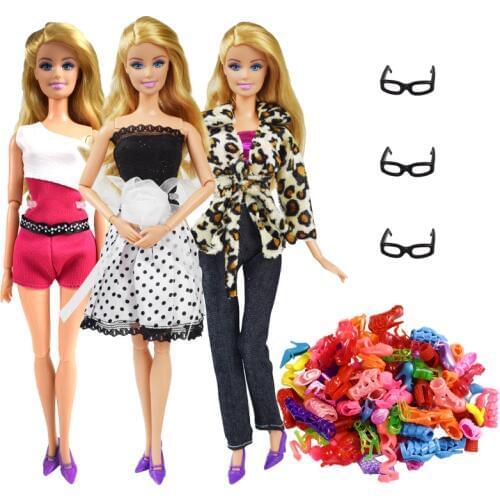 9 Item/Set Doll Accessories=3 Pcs Doll Clothes+ 3 Pcs Glasses + Random 3 Pairs Shoes for 12 Inch Doll Accessories Girl Toy Gifts