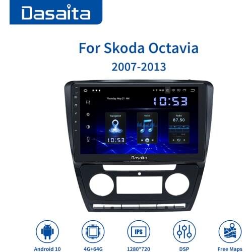 Dasaita 10.2" Car Android 10 Multimedia Radio Player GPS WIFI BT 5.0 4+64GB 2.5D 1 Din Audio Stereo for Skoda Octavia 2007-2013
