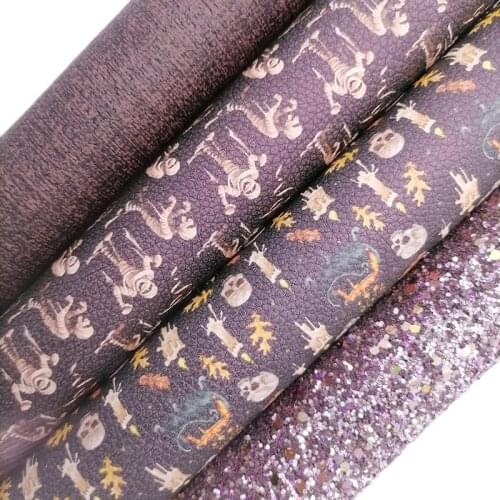 Plum Glitter leather, Skeletons Ghosts Printed Litchi synthetic leather, Denim Faux Leather Sheets For Bows DIY 21x29CM KM730