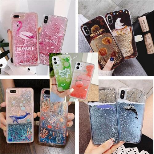 Water Liquid Case for iPhone 12 mini 11 Pro XS Max XR XS 7 8 6 6s Plus Whale Fish Floral Flamigo Quicksand Glitter Soft Cover