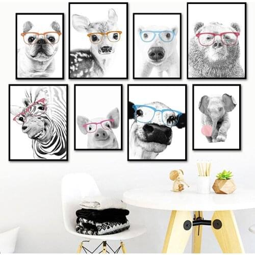 Black White Zebra Elephant Dog Glasses Animal Wall Art Canvas Painting Nordic Posters And Prints Wall Pictures Kids Room Decor