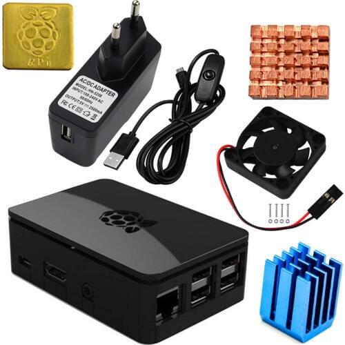 For Raspberry Pi 3 Model B + Plus Case + 5V Cooling Fan With Screws + Heat Sink + 5V 2.5A USB Charger Adapter Enclosure Kit