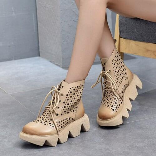 Women Sandals Girls Genuine Leather Summer Shoes 2021 New Lace-Up Retro Casual Handmade Concise Hollow Leisure Ladies Sandals