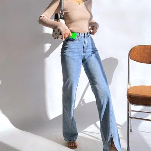 Straight Jeans For Women High Waist Classic Boyfriend Pants Retro Blue Asymmetric Splits At Ankles Loose Mom Denim Long Pante