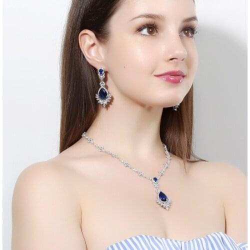 Hot sale New fashion vintage red green blue crystal water drop necklace earring set wedding party birthday jewelry free shipping