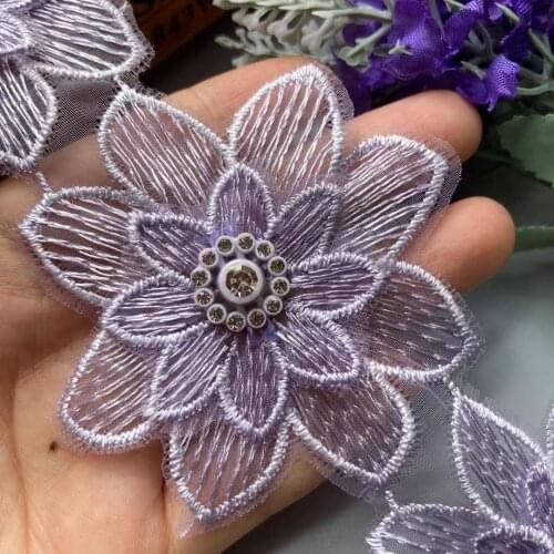 10x Purple 7x7cm Cotton Embroidered Pearl 3D Flower Lace Trim Ribbon Fabric Handmade DIY Wedding Dress Sewing Supplies Craft New