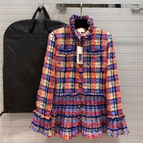 And American womens European clothing 2021 summer new style Long - sleeved standneck with rainbow plaid Fashionable tweed coat