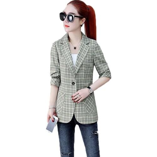 Plaid Women Elegant Blazer Suits 2021 Vintage Ladies Notched Collar Jackets Casual Female Pockets Blazers Girls Chic Coats L254