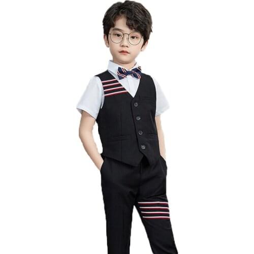 Flower Boys Formal Vest+Pants+Bowtie 3Pcs Wedding Suit Gentleman Kids School Performance Dress Children Graduation Clothing Set