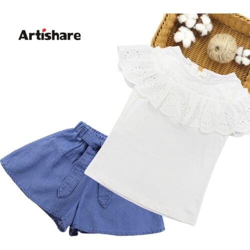 Girls Summer Clothes Lace Shirt + Denim Skirt 2PCS Girls Clothing Set Casual Teenage Kids Set 6 8 10 12 13 14 Year