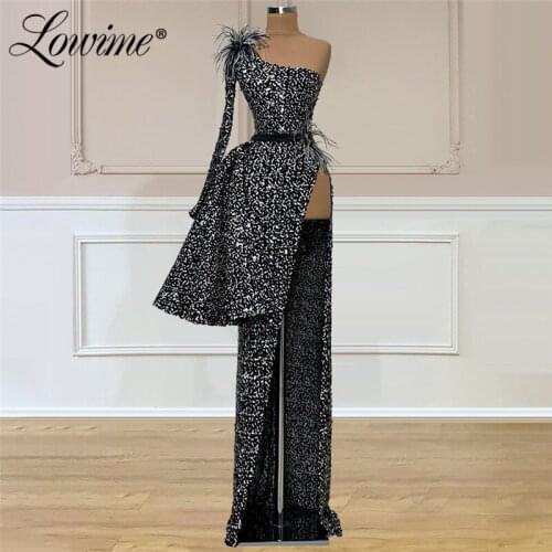 Lowime High Low Feathers Cocktail Party Dresses 2021 One Shoulder Long Sleeve Evening Gowns Plus Size Couture Prom Dress Arabic