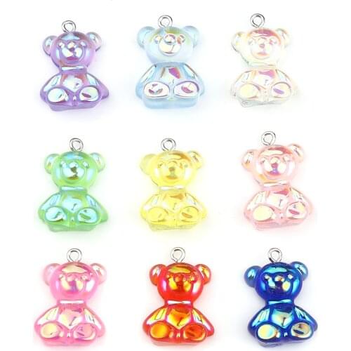 Cute Resin Charms Pendants Bear Animal Fuchsia AB Rainbow Color Plating Charms Necklace Earrings DIY jewelry Accessories, 10 PCs