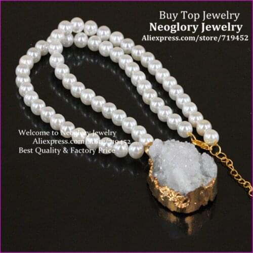Fashion Freshwater Pearl Necklace,Nature Druzy Geode Stone Pendant,Freedom Shape Drusy Quartz Mushroom Stone Pendant Necklace