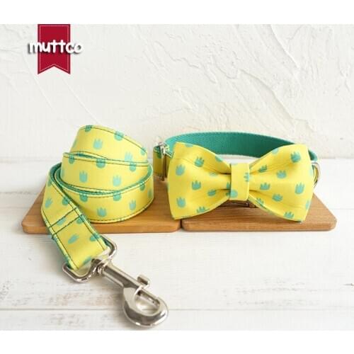 MUTTCO Luxury handmade pet accessory with bow-tie THE DINOSAUR FOOTPRINTS floral necklace dog collar and leash 5 sizes UDC052