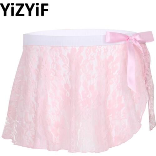 Mens Sissy Erotic See Through Sheer Lace Lingerie Sexy Mini Skirt Mid Rise Elastic Waistband Side Split With Bowknot Sexy Skirts