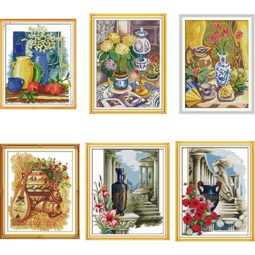 Ceramic Vase Series Cross Stitch Kits 14CT 11CT Count Canvas Printed Embroidery Set DIY Needlework Kit Home decoration painting