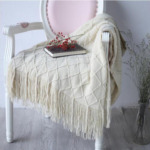 Solid Color Lattice Knitted Blankets with Tassel for Beds Sofa Blanket Cover Throw Blanket Fashion Cape pink white DS77