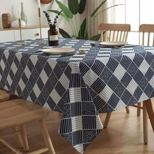 Japanese Style Retro Wave Pattern Cotton and Linen Tablecloth Blue Geometric Lattice Printed Coffee Pendant Tea Table Pad