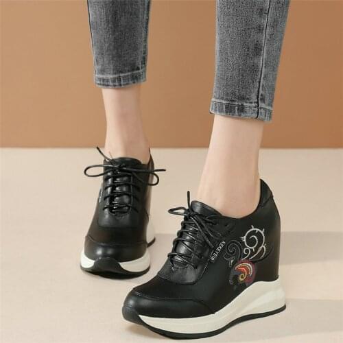 Embroider Fashion Sneakers Women Genuine Leather Wedges High Heel Pumps Shoes Female Round Toe Platform Oxfords Casual Shoes